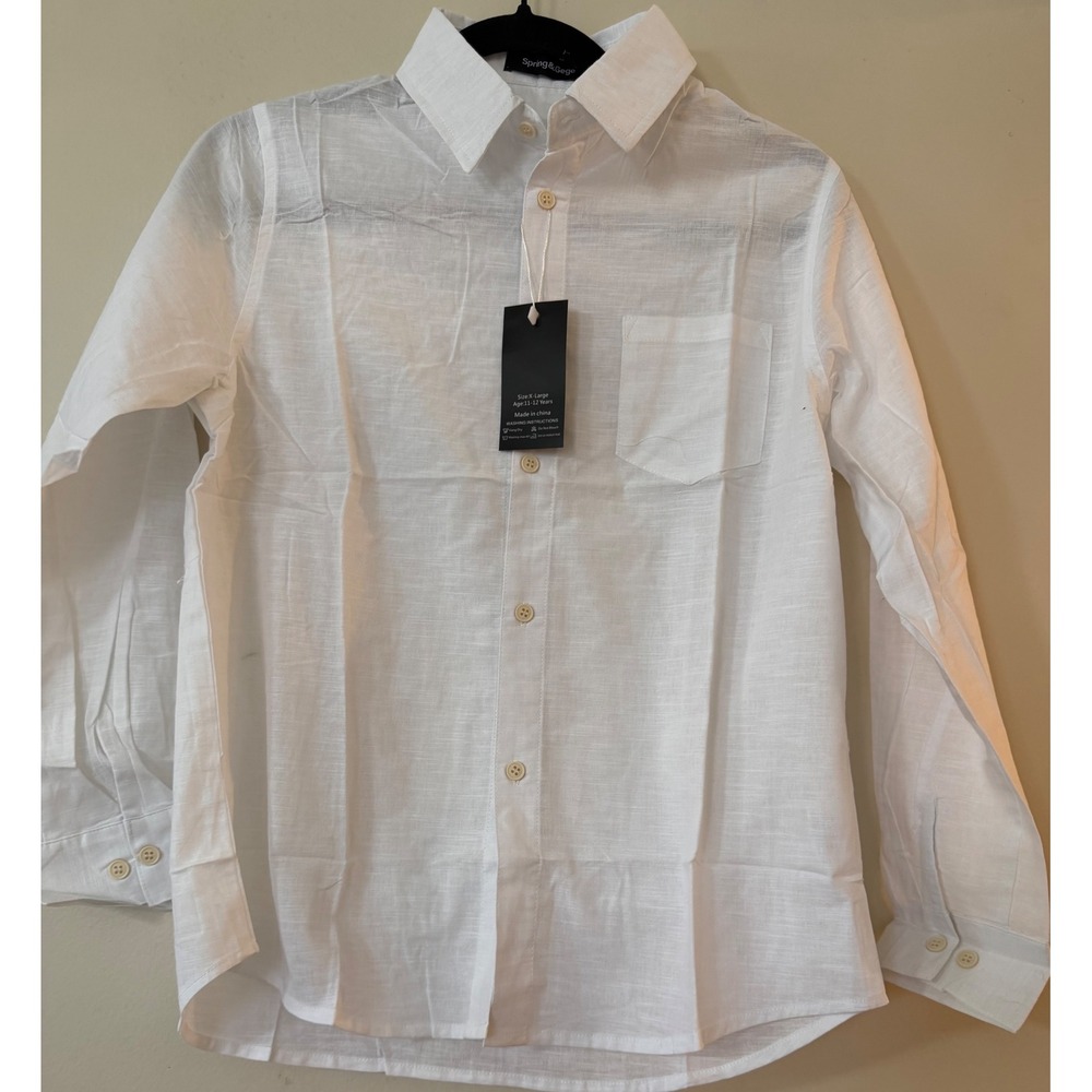 Spring&Gege Boys White Cotton Linen Button Down Shirt Long Sleeve XL 11-12 Years